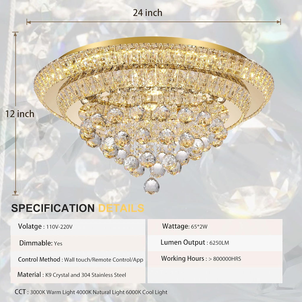 24 inch Crystal Chandeliers With Remote and APP Control, Modern Luxury Flush Mount Gold Chandelier, 3CCT Dimmable