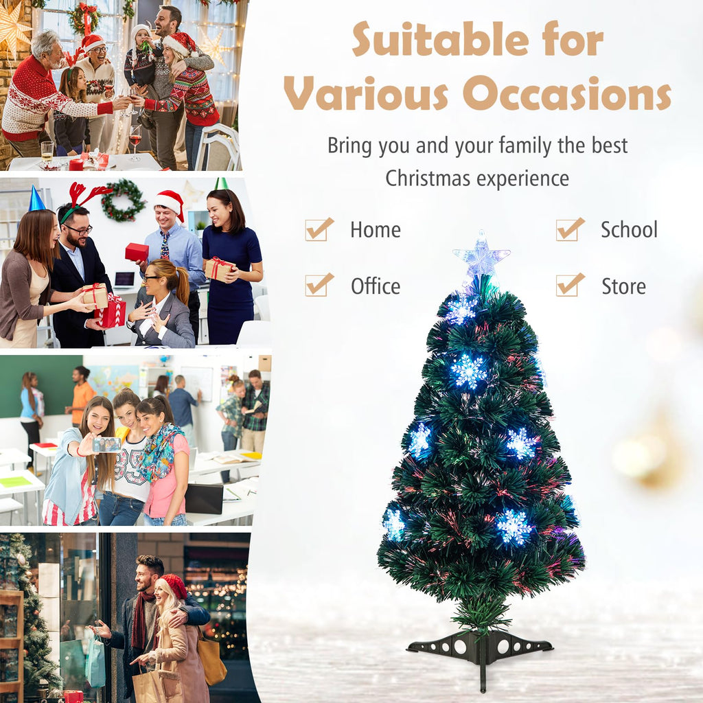 3ft Pre-Lit Fiber Optic Christmas Tree for Tabletop, Small Mini Artificial Xmas Full Tree with Colorful Snowflake LED