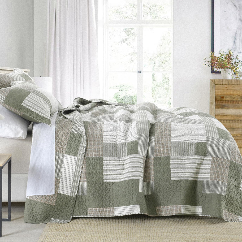 Quilt Set, 100% Cotton Comforter Set, Farmhouse Patchwork Quilt Bedding Set, Plaid Lightweight