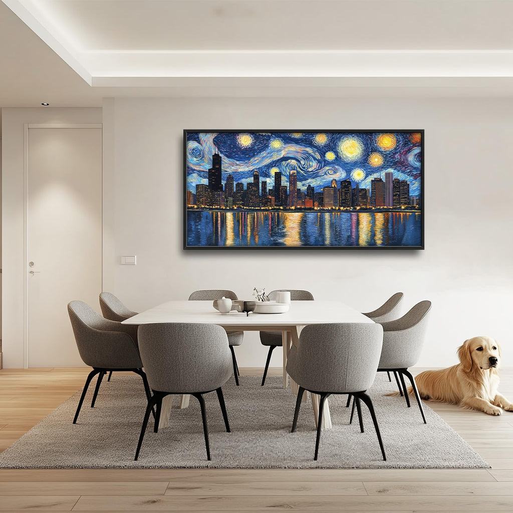Chicago Skyline Wall, Starry Night Chicago Pictures Wall Decor, USA Cityscape Canvas Prints Painting, Large Building