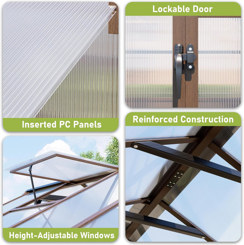 8x16 FT Wooden Walk in Polycarbonate Greenhouse for Outdoors | Heavy Duty Green Houses with Locked Door, Roof Vent