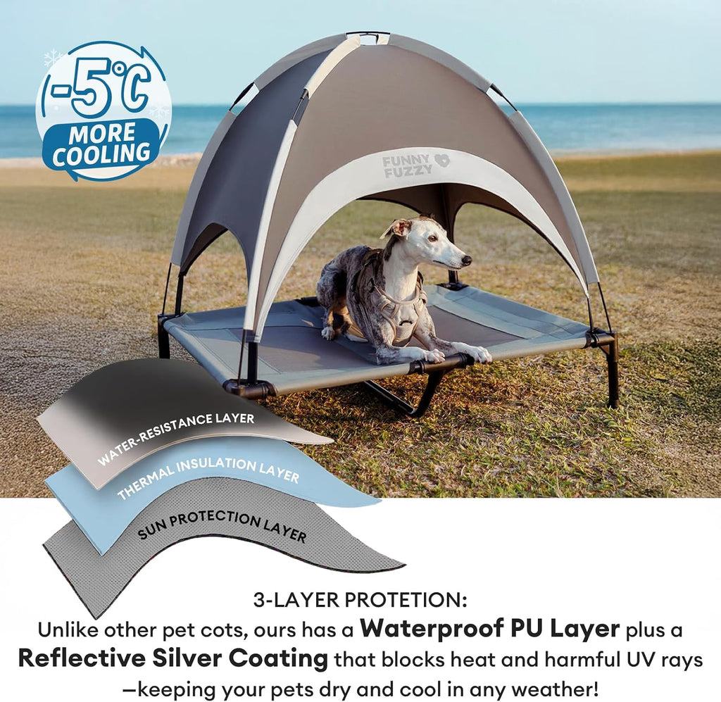 Elevated Cooling Dog Bed with Canopy(30"x24"x7") - Dog Cot Bed for Small, Medium Dogs with UV Shade, Breathable Mesh