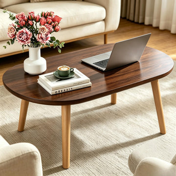 Coffee Table, 31.5" Oval Low Coffee Tables with Solid Wood Legs Walnut