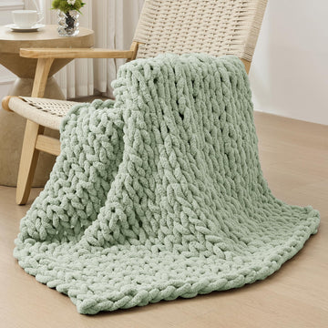 Chunky Knit Throw Blanket for Couch, 40x40 inches, Sage Green