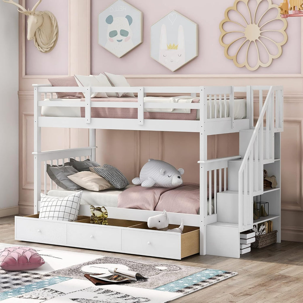 Stairway Bunk Bed with Storage Drawers, Twin Over Twin Wood Bunk Bed with Stairs for Kids Teens, Convertible Two Bed