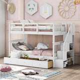 Stairway Bunk Bed with Storage Drawers, Twin Over Twin Wood Bunk Bed with Stairs for Kids Teens, Convertible Two Bed