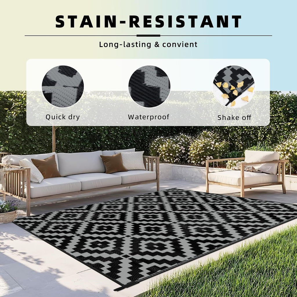 Outdoor Rug Black & Grey Waterproof Reversible Carpet Mat