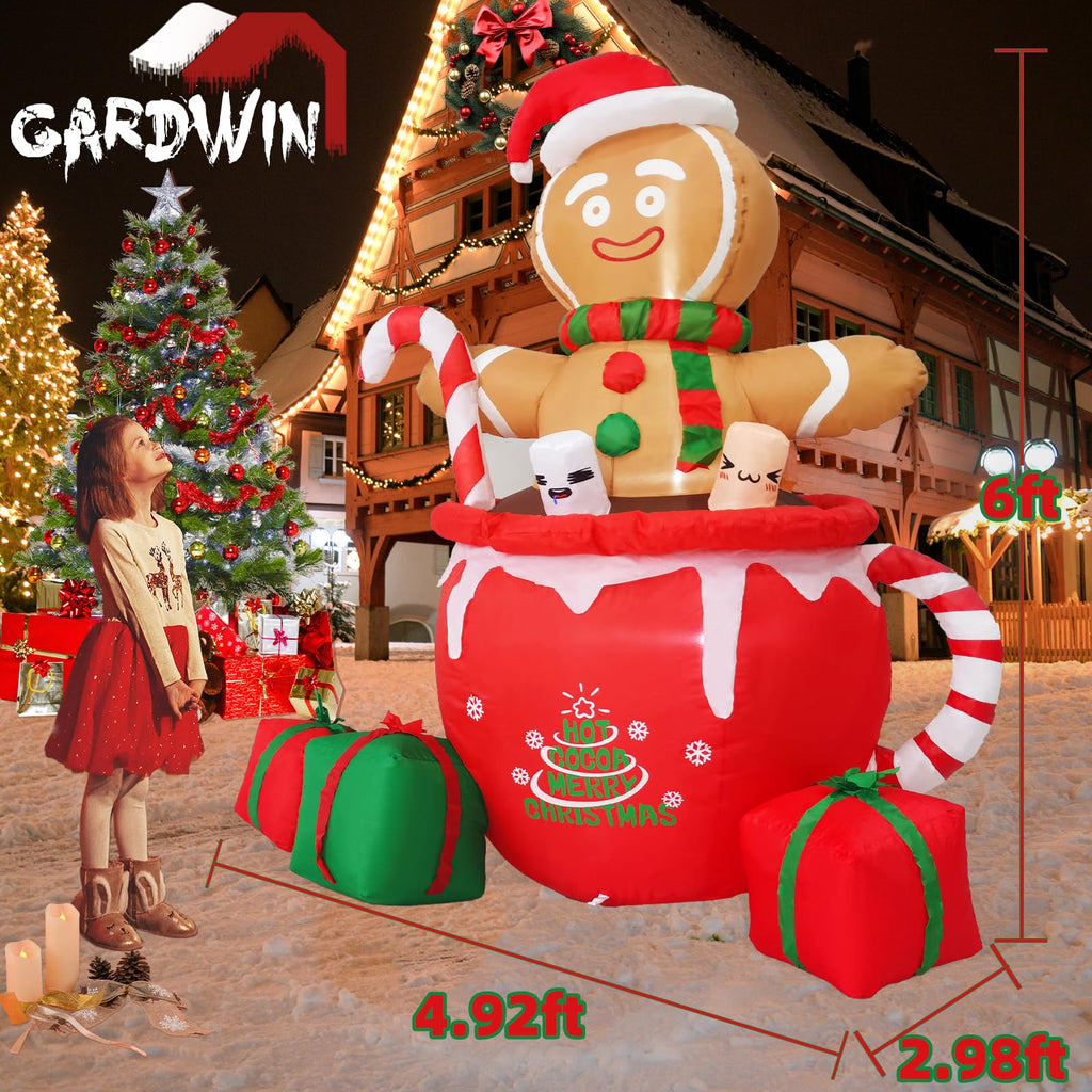 6ft Gingerbread Christmas Inflatable Outdoor Decoration, Christmas Outdoor Decoration Blow up Gingerbread Mug Yard