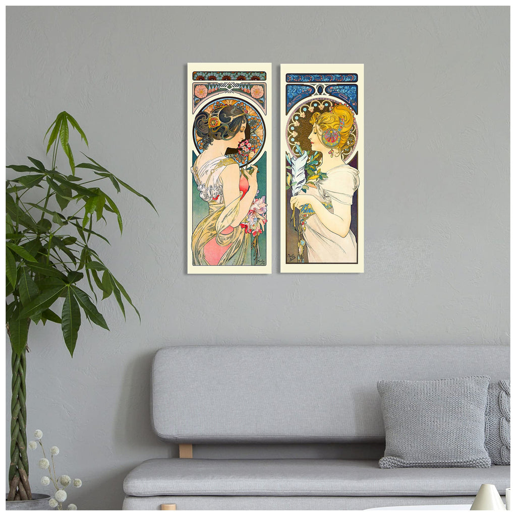 Alphonse Mucha (Primavera, Pluma) 2 Panel wall Art Decorations Giclee Print On Canvas 30x12inch x2pcs (30x24inch)