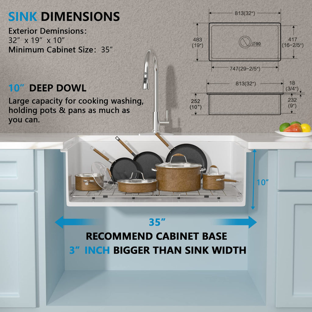 32 White Undermount Sink - 32"x19" Kitchen Sink White Ceramic Porcelain Fireclay Rectangular Deep Dual Mount Single