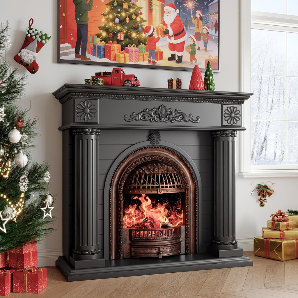 Solid Wood Electric Fireplace TV Stand, 52" Electric Fireplace with Mantel, Roman Column Entertainment Center with