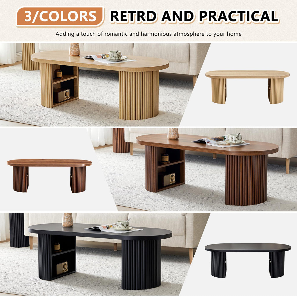 Oval Fluted, Mid Century Modern with Storage, Curved Round Wooden Center Table, Cafe, Black(47.24" x 19.69" x