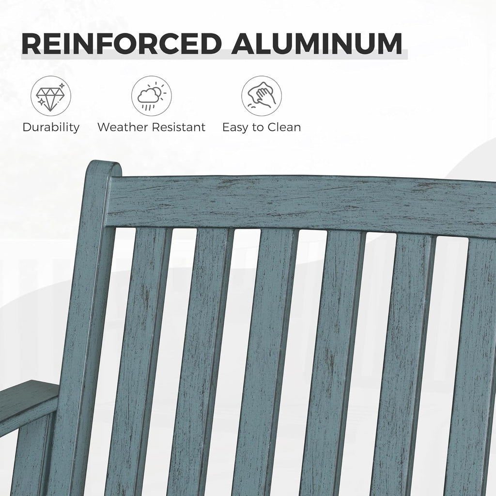 52" Farmhouse Outdoor Bench, Garden Benches with Anti-Rust Aluminum Metal Frame, Faux Wood Grain Finish Frame Patio