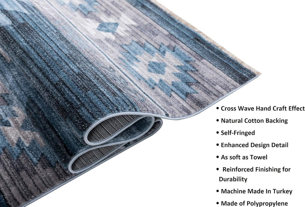 HR- Southwestern Rug Navajo Native American Inspired Modern Faded Tribal Floorcover Area Rugs Navy Blue Gray