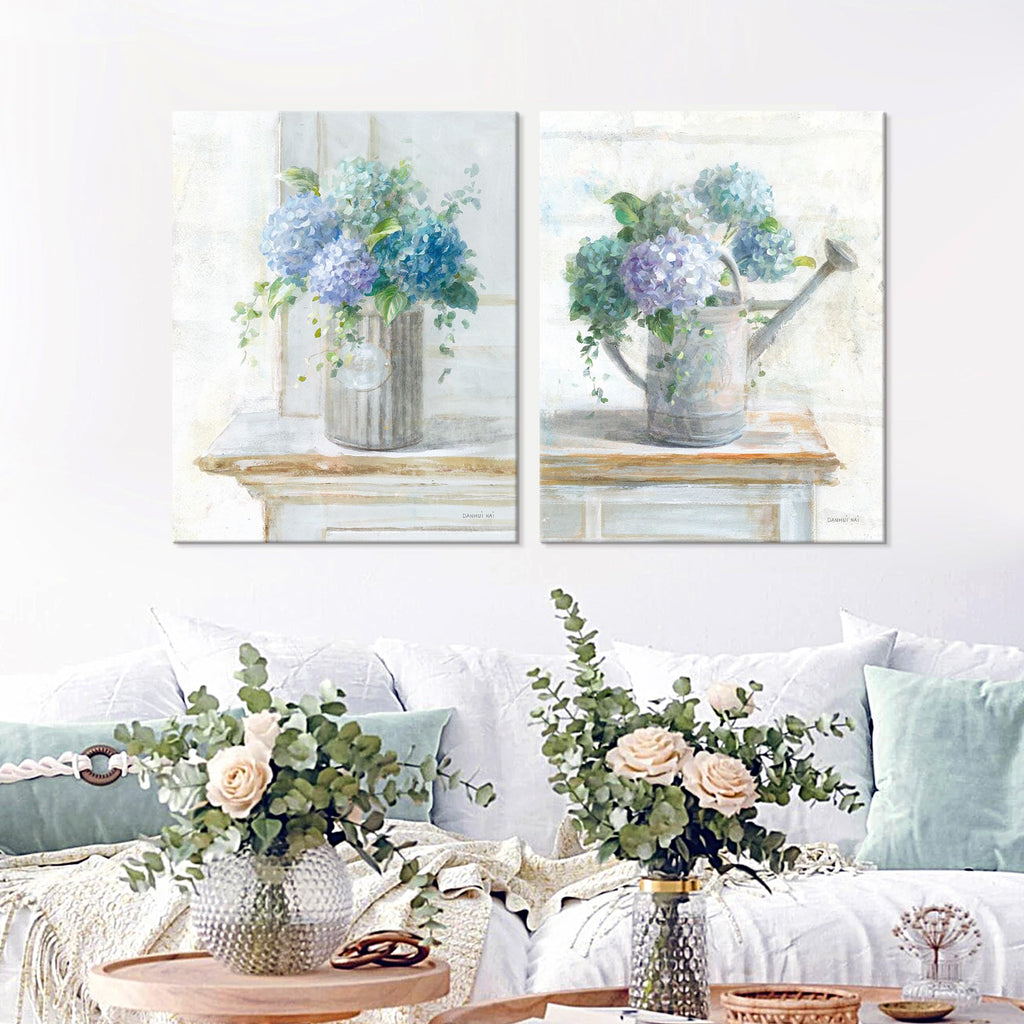 Blue Hydrangea Bathroom Wall Art 2 pcs Farmhouse Rustic Flower Art Botanical Floral Posters Paintings Framed Artwork