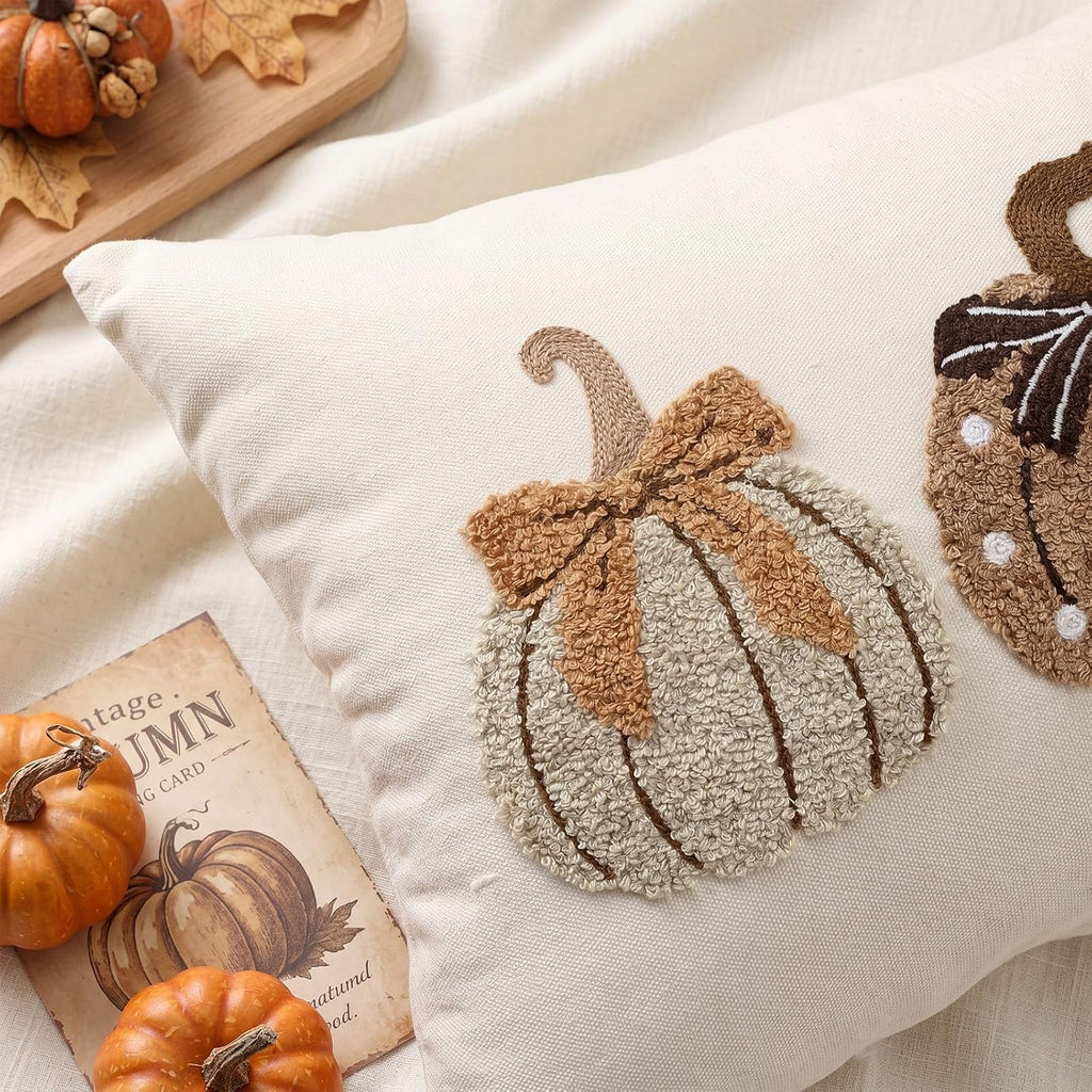 Fall Pumpkin Pillow Covers 12x20 Rustic Boho Brown Beige Lumbar Case