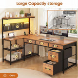 L Shaped Desk with 5 Drawers and Storage Shelves, Reversible Computer Desk with Bookshelf