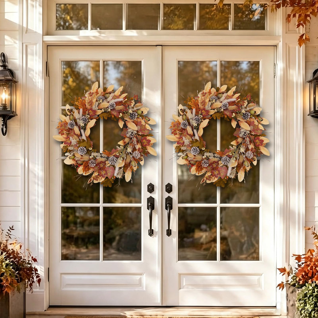 24 Inch Woodland Fall Wreath, Rustic Farmhouse Autumn Wreath with Frosted Pinecones, Bunny Tail Grass, Acorns &