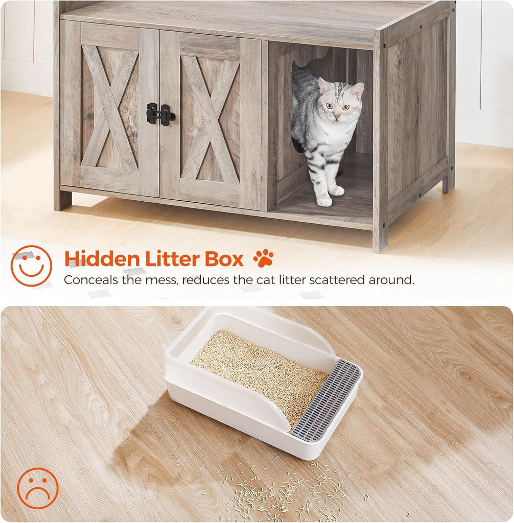 Cat Litter Box Enclosure, Hidden Litter Box Furniture with Divider, Indoor Cat House, Wooden Cat Washroom Storage