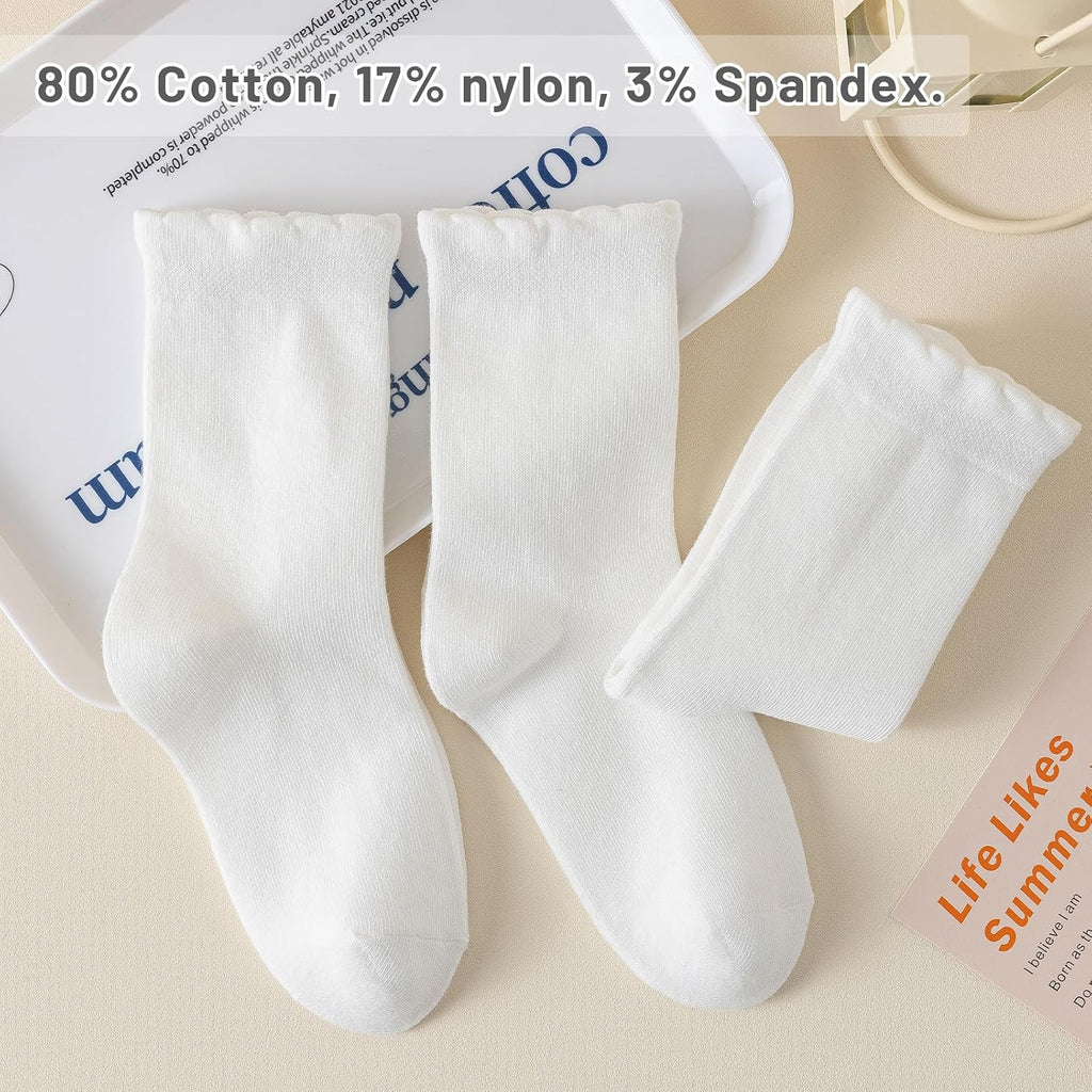 6 Pair Girls White Dressy Textured Short Socks Scallop Top Design