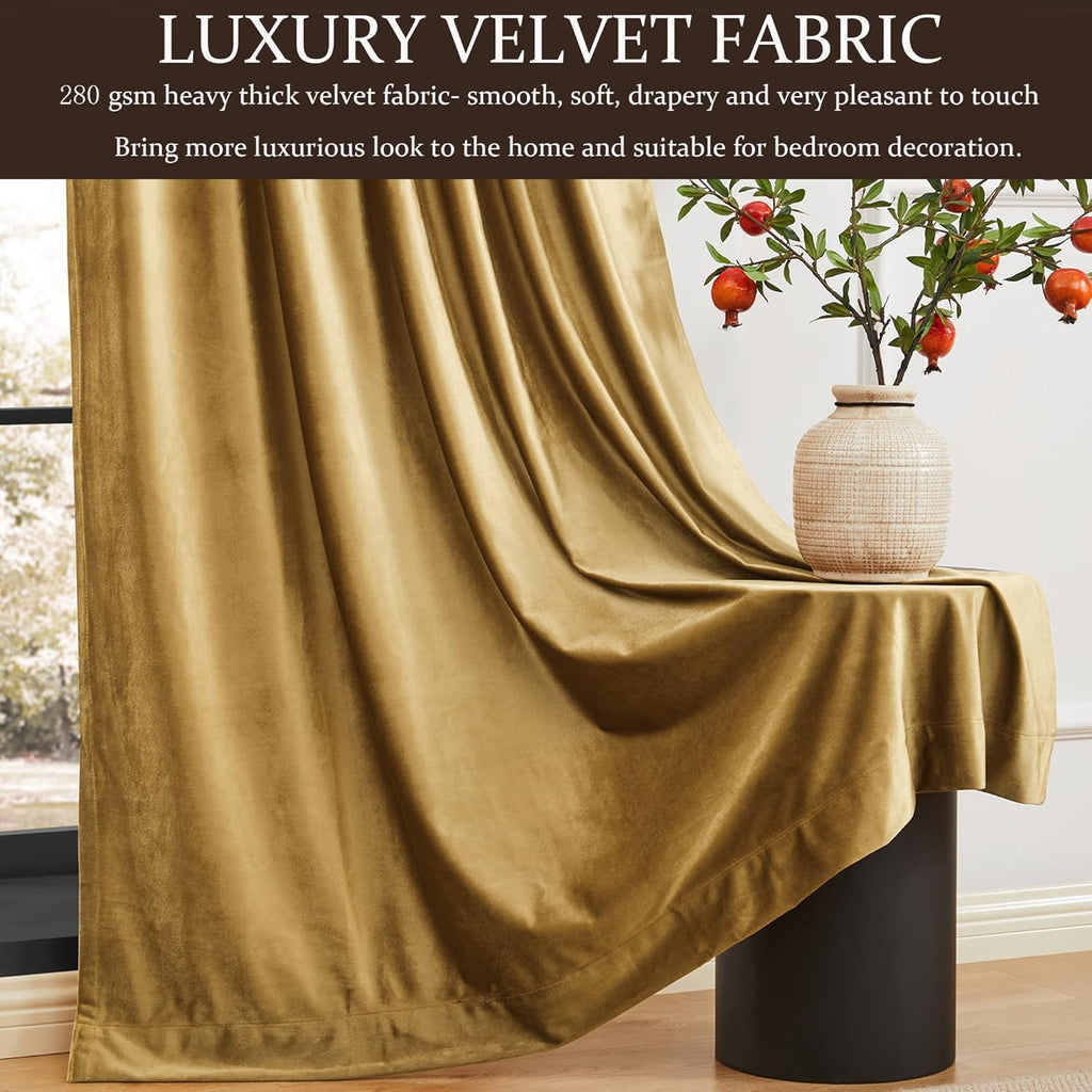 100% Blackout Gold Velvet Curtains 84 inch Long,Elegant 2 Panels Back Tab Thermal Insulated Room Darkening Curtain