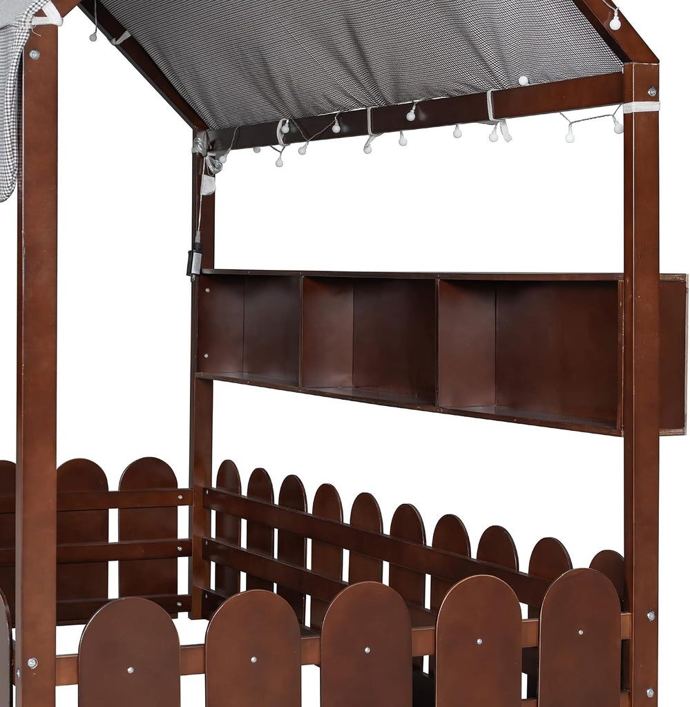 Kids Wood Floor House Bed with Fence and Storge Shelves
