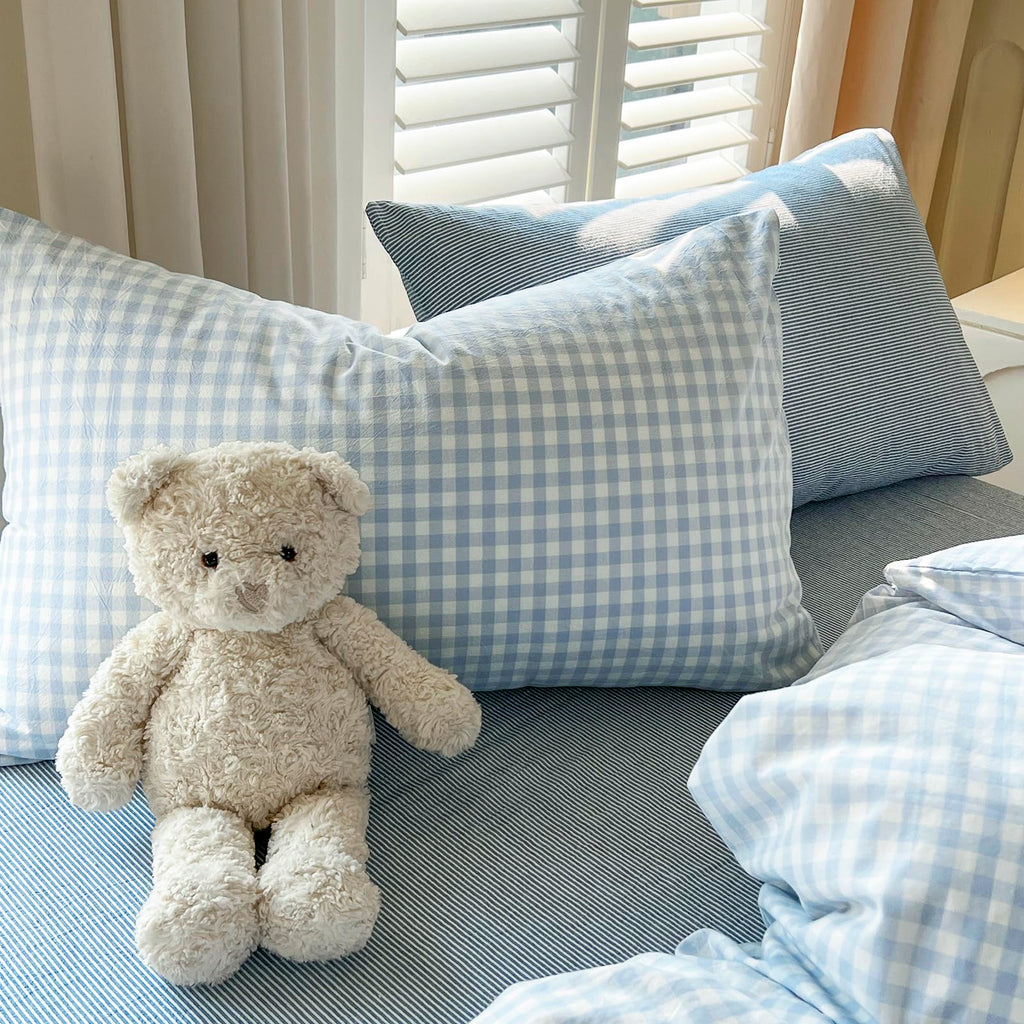 Blue Gingham Comforter Down Alternative Washed Cotton Bedding Set Boho Fluffy Cozy Cute Bedding Comforter Sets