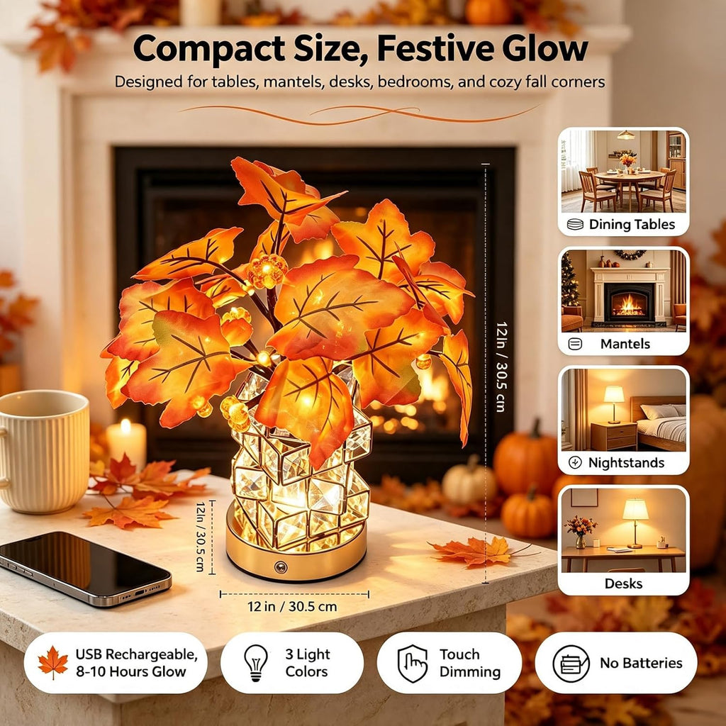 Crystal Cube LED Maple Leaf & Pumpkin Fall Centerpiece Lamp Desk Home