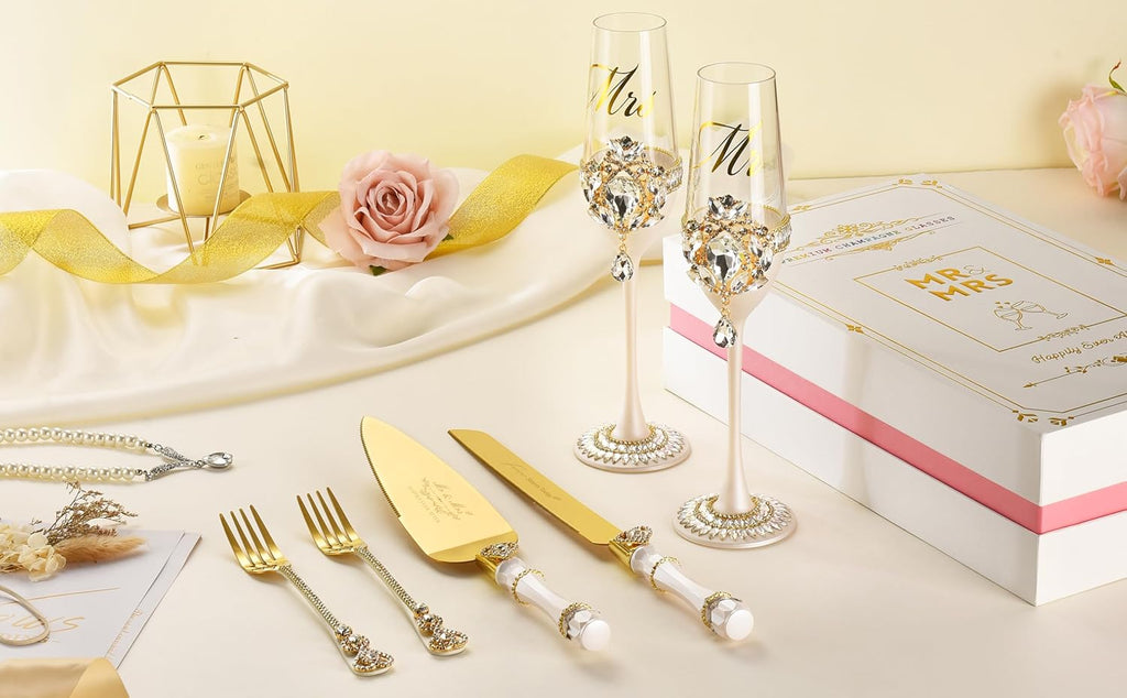 Wedding Cake Cutting Set, Luxury Handcrafted Crystal Champagne Flutes with Gold Petal Rhinestones and Pendant