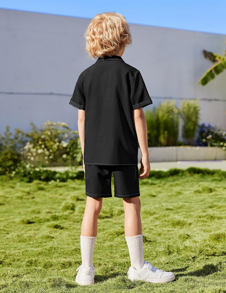 Boys' Woven Shorts Set Academic Style Button Down Shirt and Denim Shorts Outfits Casual yet Dressy Clothes