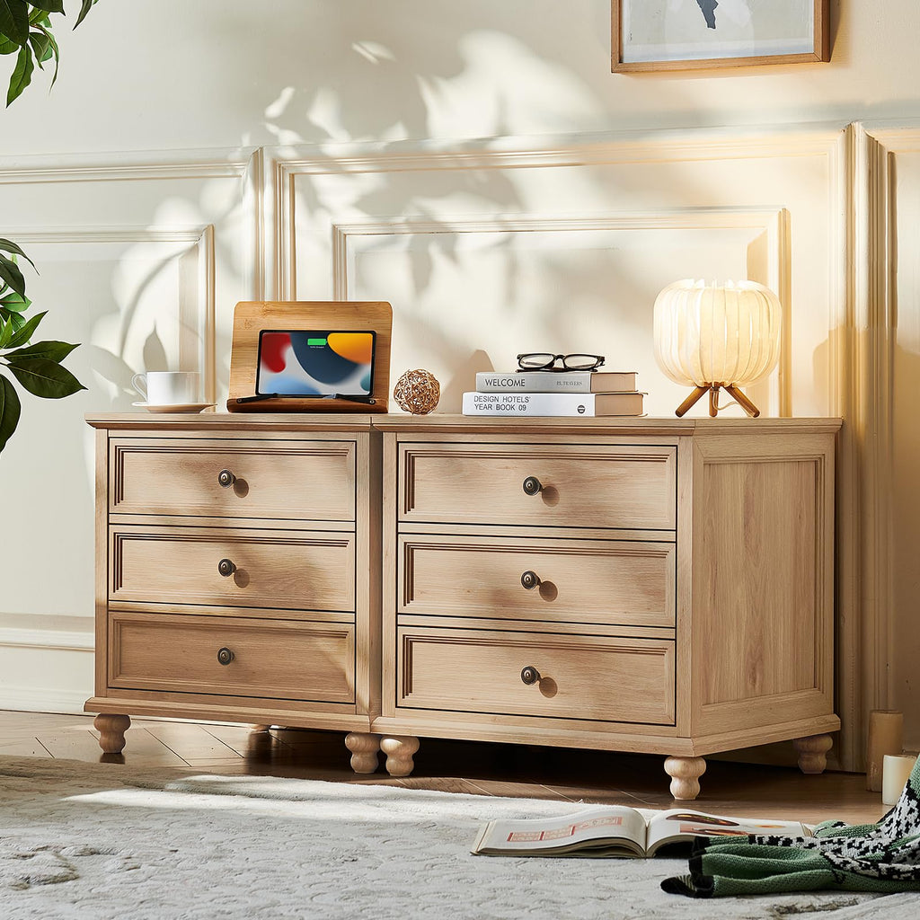 24" Wide Farmhouse Night Stand, Large End Table with 3 Drawers & Metal Handle, Natural Dresser, Bed Side Table Chest