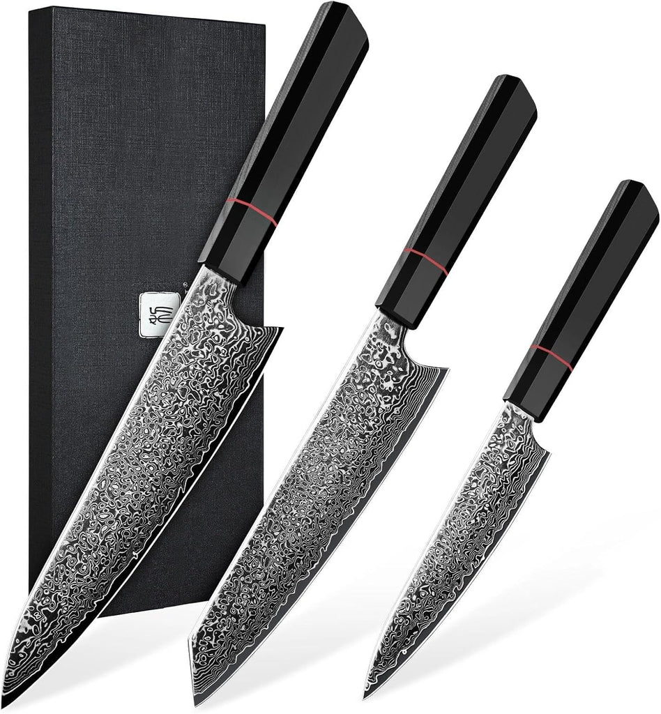 Damascus Knife Set 3 PCS - VG10 Kitchen Knife With Octagonal Handle | VG10 high-carbon steel, Japanese Artisanal