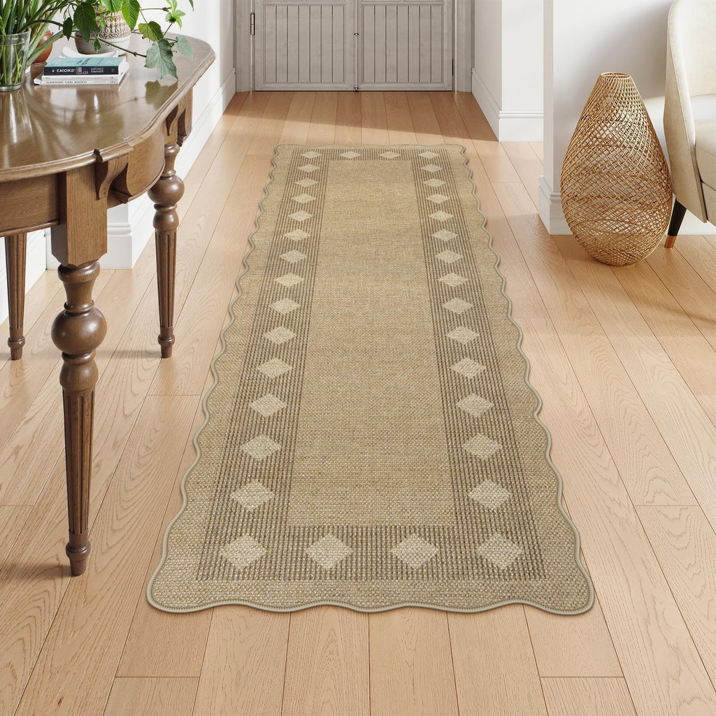 Scalloped Easy Jute Diamond Rug, Washable 2x6 Runner Tan Rugs, Geometric Checkered Indoor Outdoor Farmhouse Non