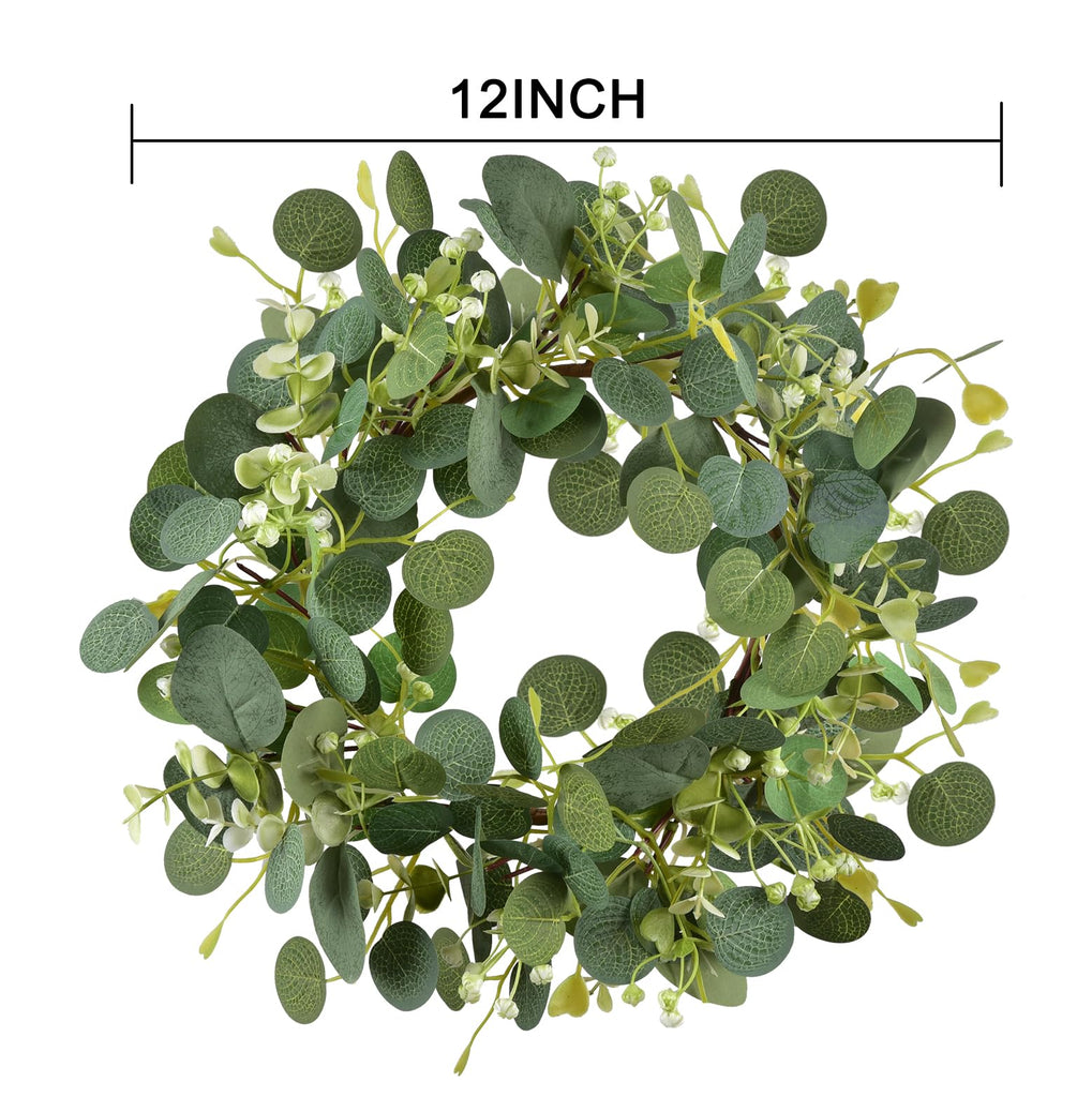2PCS Green Eucalyptus Wreaths 12'' Artificial Spring Summer Eucalyptus Leaf Wreaths with Berries Farmhouse Front Door