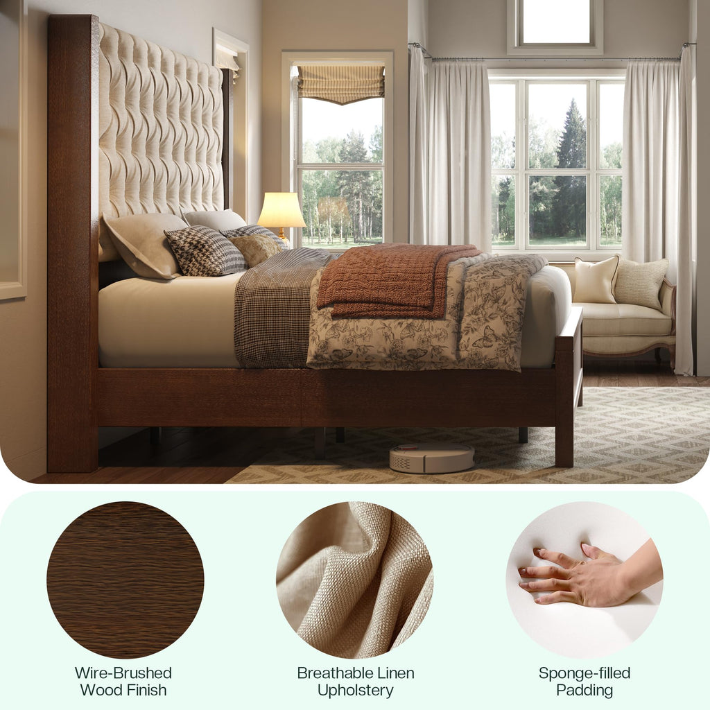 Solid Wood King Size Bed Frame 57" Tall Wingback Headboard, Walnut