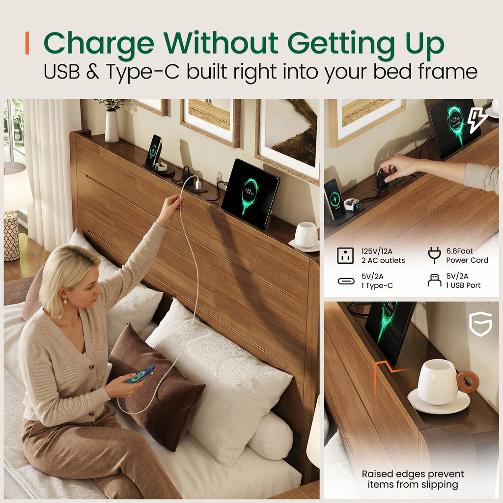 Queen Size Wood Platform Bed Frame with Mid-Century Modern Tall Headboard & Charging Station, Built-in Headboard