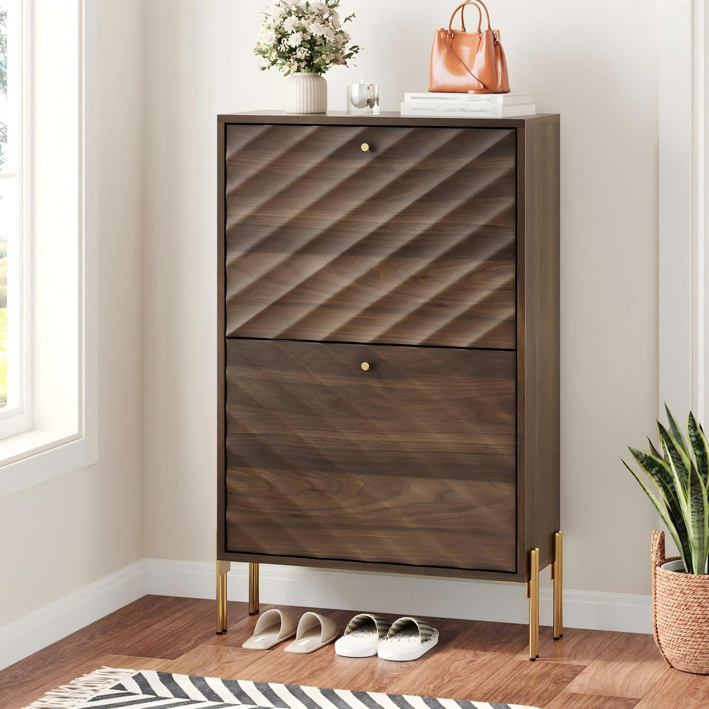 Shoe Storage Cabinet with Textured Diagonal Lines Doors 2 Flip Drawers, Walnut Narrow Shoe Cabinet Storage