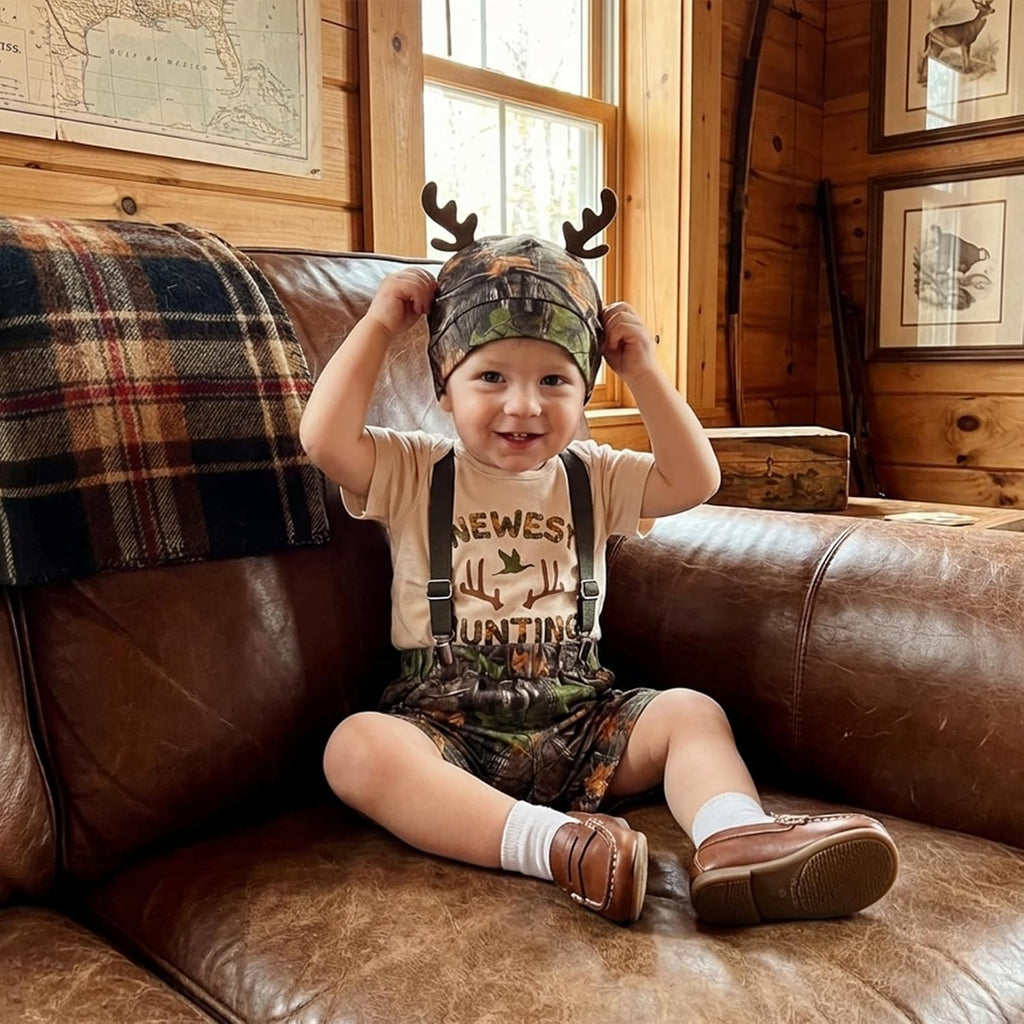 Newborn Baby Boy Clothes Hunting Short Sleeve Romper Shirt Tops Removable Strap Shorts Summer Outfits Hat Set