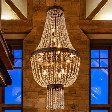 12-Light French Empire Crystal Chandelier, 60.5"H Bronze Rustic Farmhouse Light Fixture, Adjustable High Ceiling Chandelier for Dining Room,Living Room,Foyer,Entryway,Staircase,Hallway, 28"W