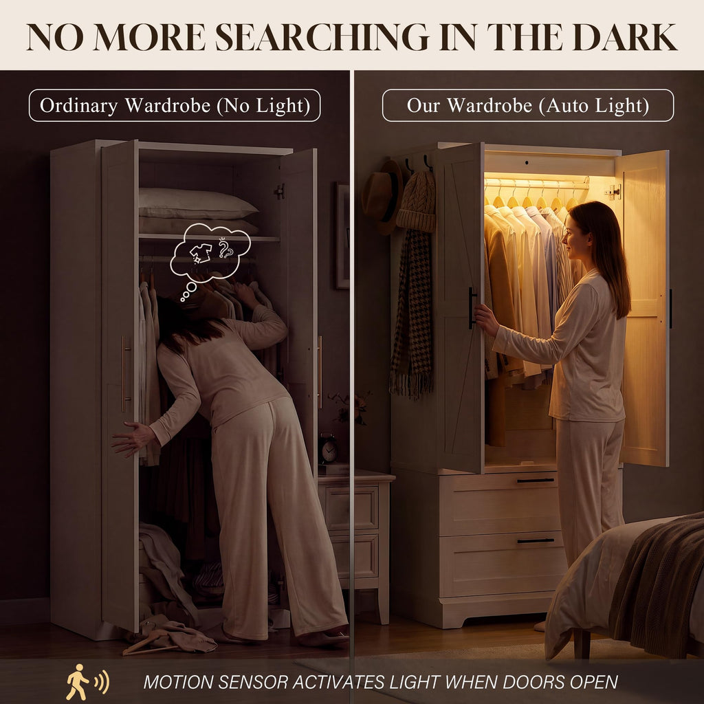 70.9" Wooden Armoire Wardrobe Closet with Sensor Light(White)