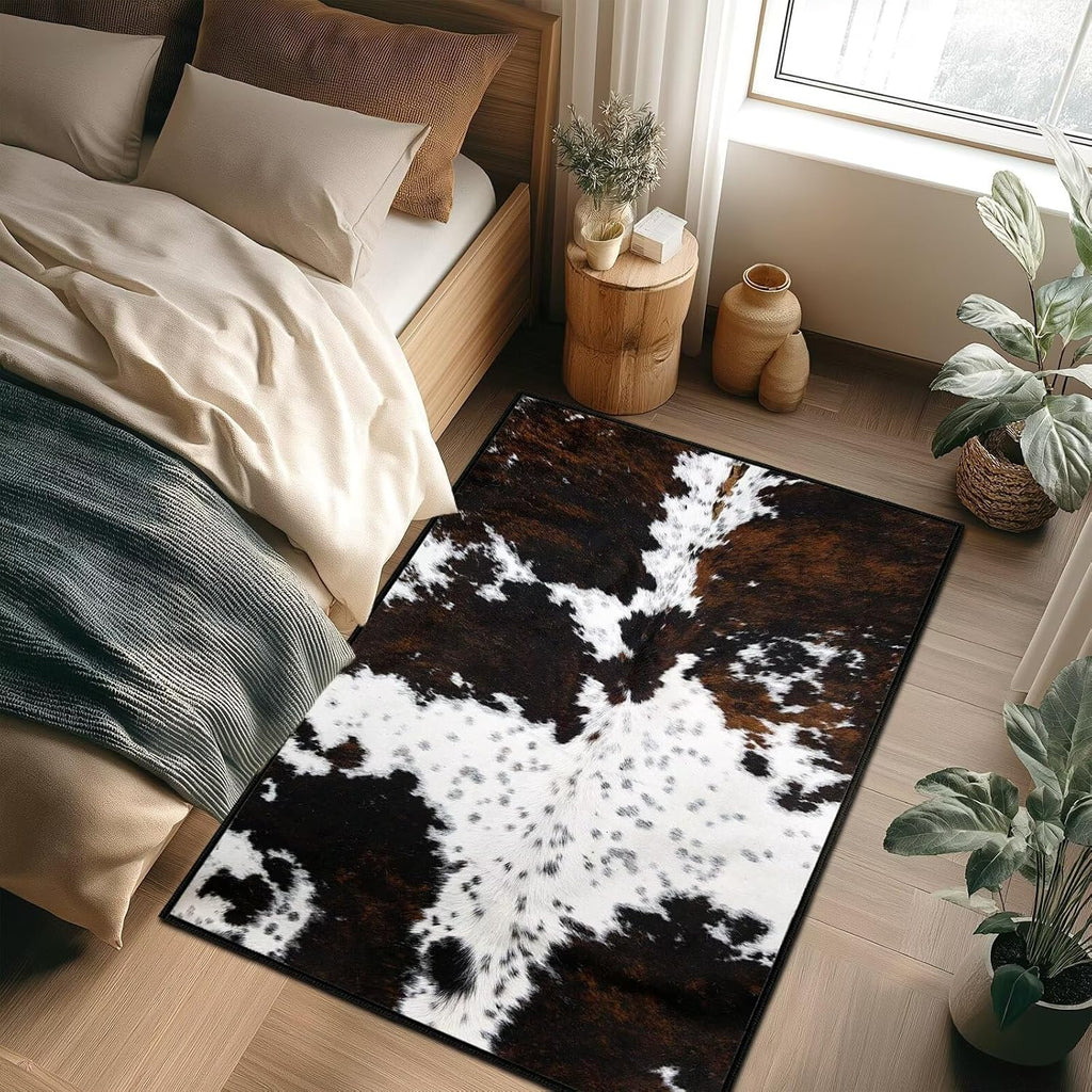 Cowhide Area Rug Western Rug Ultra-Thin Washable Throw Carpet Brown Cow Print Rugs Indoor Vintage Rugs Non Slip