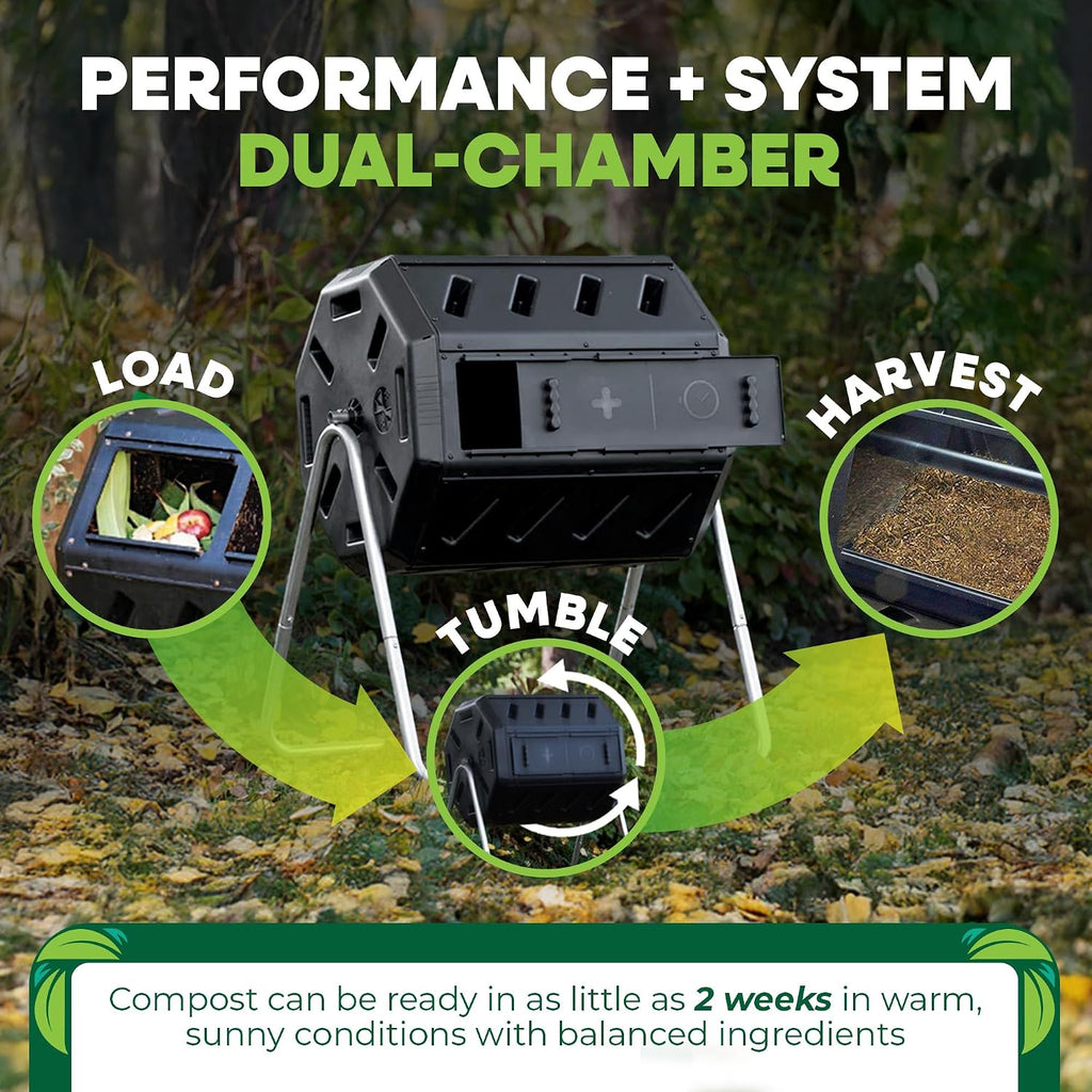 Heavy Duty 37 Gallon 8 Sided Steel Composter, Black | Portable Plastic Dual Chamber Tumbling Composter Outdoor