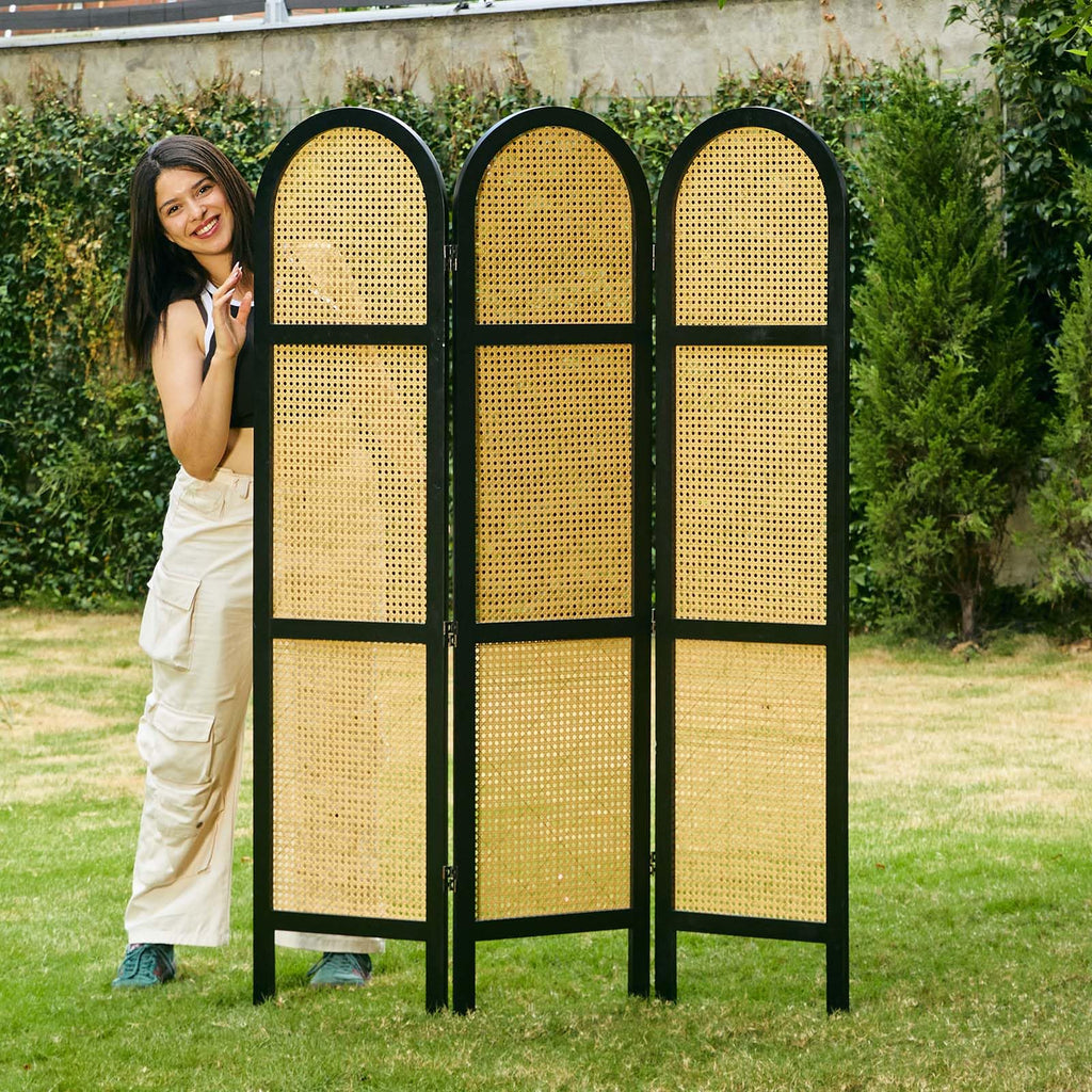 Room Divider and Folding Privacy Screens, Pine Wood 5.6 Ft Double Hinged Rattan Partition Freestanding Wall Room