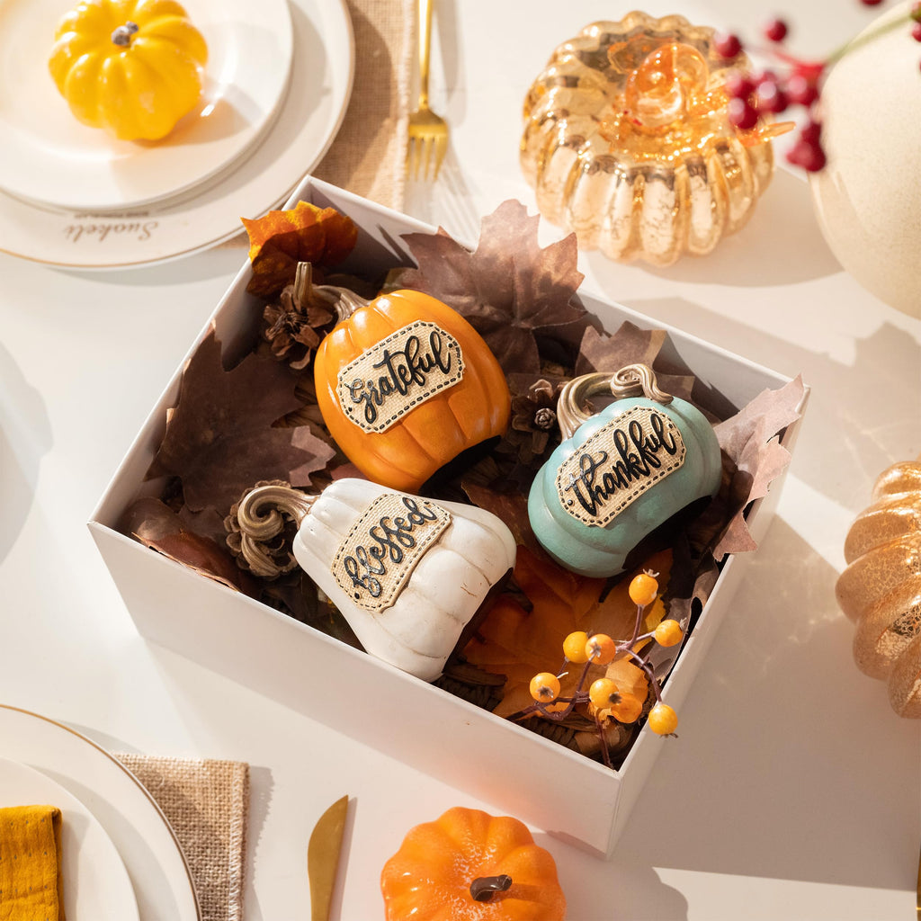 Pumpkins Fall Table Decor, Set of 3 Resin Decorative Pumpkins Figurines Decor Indoor Tabletop Centerpieces Harvest