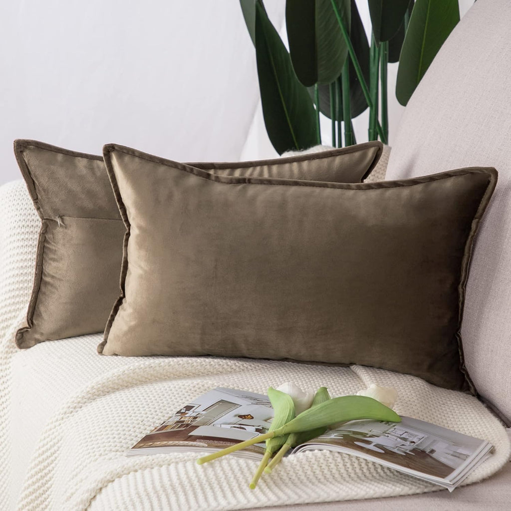 Set of 2 Super Soft Velvet Decorative Throw Pillow Covers 12x20 inch Brown Rectangular with Fringe Luxury Style