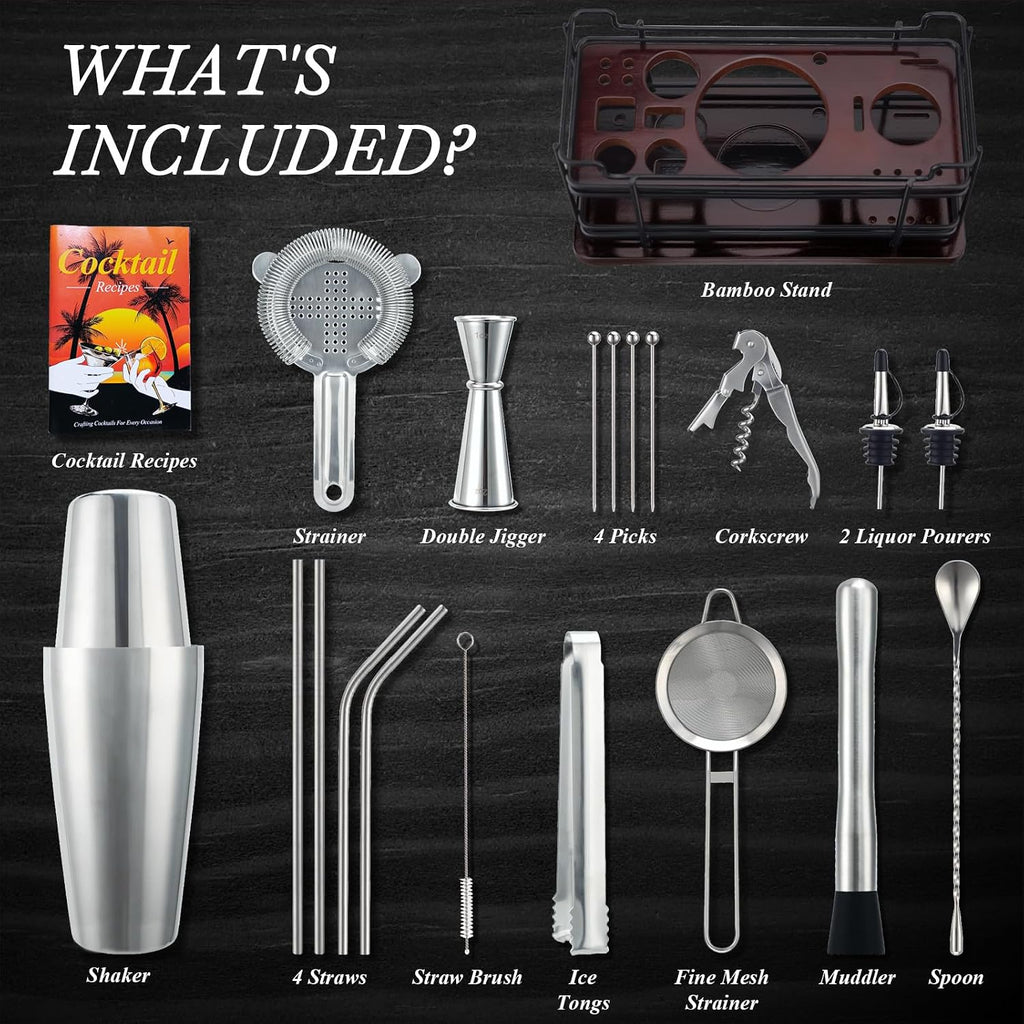 Boston Cocktail Shaker Set with Stand, 20-Piece Complete Bartender Kit Bar Use, Essential Bar Set with 18oz & 28oz - Set of 20