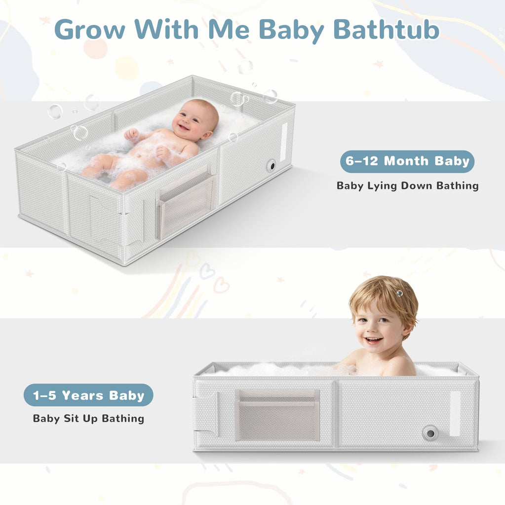 Collapsible Baby Bathtub, Foldable Toddler Bath Tub with Chick Pattern Bath Rinse Cup, No Assembly Portable Travel