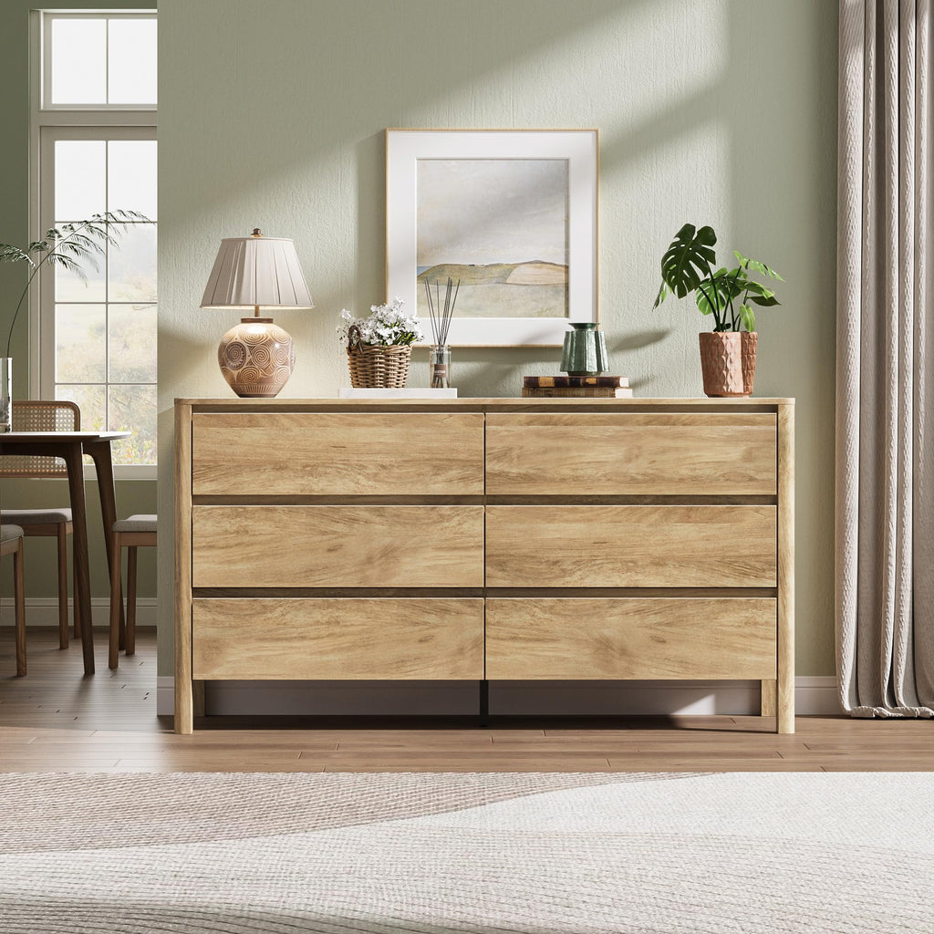 Oak 6 Drawer Dresser, 55" Wide Modern Wood Dresser