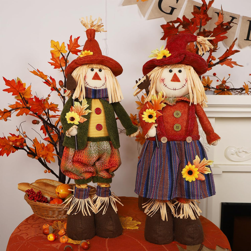 2 Pack Fall Decorations Large Scarecrows with Stretchable Legs, 28" Standing Scarecrow Thanksgiving Harvest Autumn