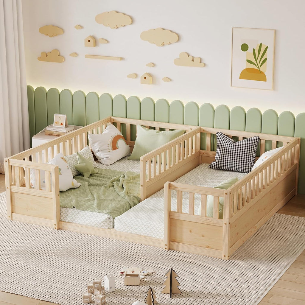 Double Bed with High Fence, Montessori Floor Bed for 2 Kids, Natural